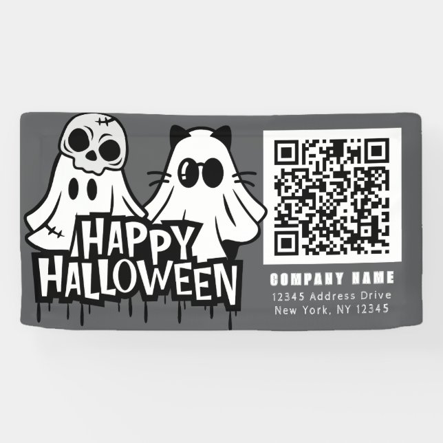 Cool Ghosts Happy Halloween QR Business Banner (Horizontal)