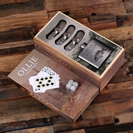 Cool Gift Set w/ Poker Chips, Cards, Dice & Flasks (Inside)