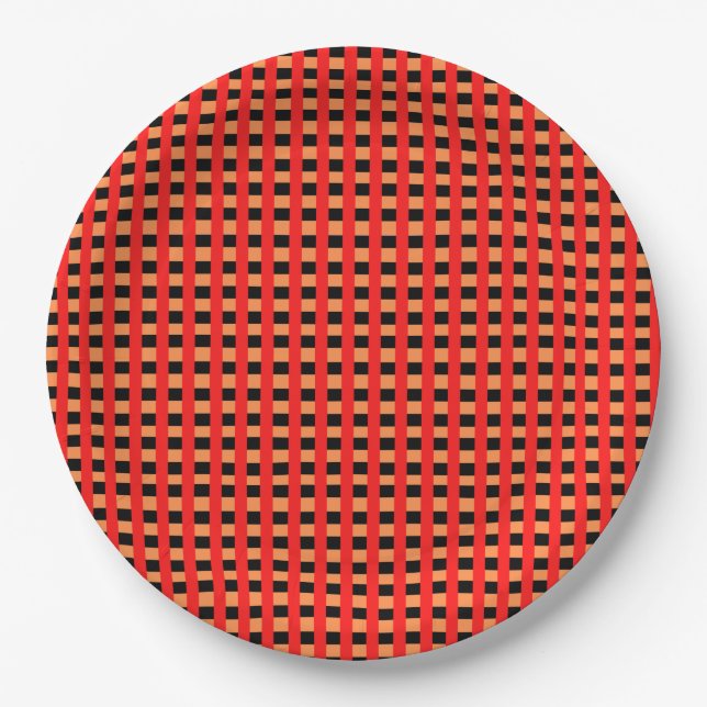Cool Gingham Orange, Red and Black Pattern Design Paper Plates (Front)