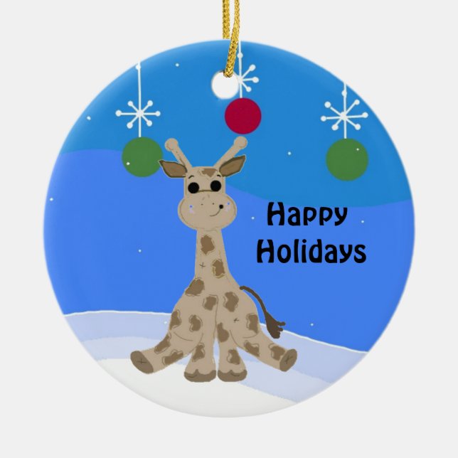 Cool Giraffe Happy Holidays Ceramic Ornament (Front)