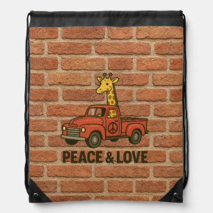 Cool Giraffe Riding a Peace Truck Drawstring Bag