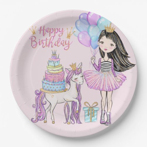 Cool Girl and Unicorn Princess Modern Birthday Paper Plates
