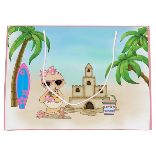Cool Girl Beach Baby with Sandcastle and Surfboard Large Gift Bag