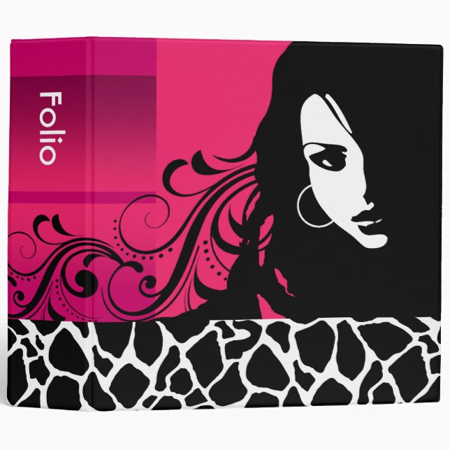 Cool Girl Giraffe Fashion Design Folio (hot pink) Binder (Front/Spine)