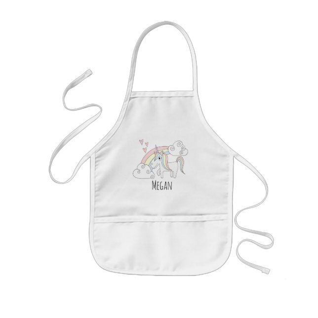 Cool Girl's Doodle Rainbow Unicorn with Name Kids' Apron (Front)