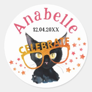 Cool Girly Black Cat Red Orange Glitter Watercolor