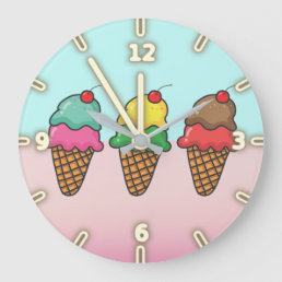 Cool Girly  Colorful Ice Cream Cones Large Clock