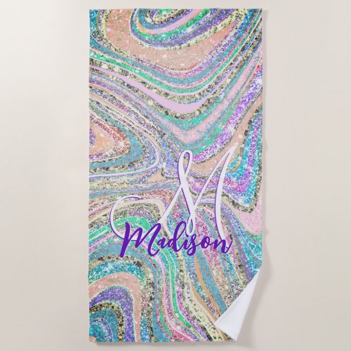 Cool girly faux glitter unicorn marble art beach towel