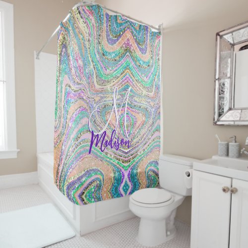 Cool girly faux glitter unicorn marble art shower curtain