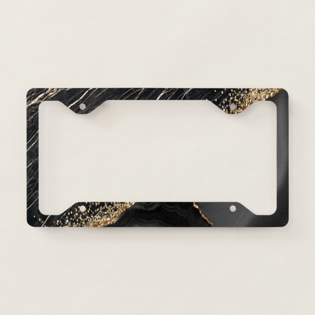 Cool Girly Gold Sequins,Black Marble  License Plate Frame (Front)
