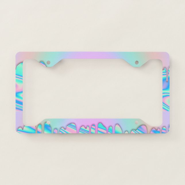 Cool Girly Holographic Rainbow Drips License Plate Frame (Front)