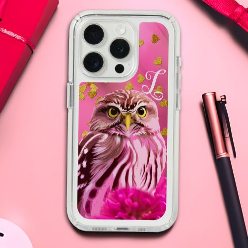 Cool Girly Pink Owl Monogram Gold Heart Wildflower iPhone 15 Pro Case
