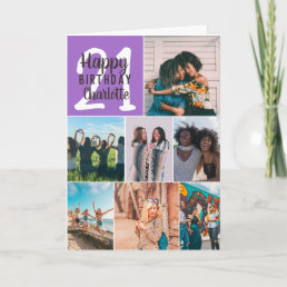 Cool girly purple photos collage grid 21 birthday card