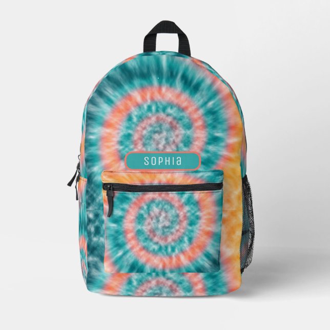 Cool Girly Sea Green Peach Yellow Tie Dye Teens Printed Backpack (Front)
