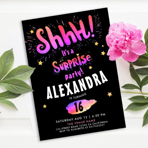 Cool Girly Surprise Party Sweet 16th Neon Glow  Invitation
