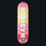 Cool Girly Tie Dye Custom Personalized Name Skateboard<br><div class="desc">Cool Girly Tie Dye Custom Personalized Name Skateboard features your personalized name in modern white typography on pink and yellow tie dye background. Personalize by editing the text in the text box provided. Give a custom made gift, personalized skateboard to your favorite skateboarder for Christmas, birthday or your BFF. Designed...</div>