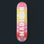 Cool Girly Tie Dye Custom Personalized Name Skateboard<br><div class="desc">Cool Girly Tie Dye Custom Personalized Name Skateboard features your personalized name in modern white typography on pink and yellow tie dye background. Personalize by editing the text in the text box provided. Give a custom made gift, personalized skateboard to your favorite skateboarder for Christmas, birthday or your BFF. Designed...</div>