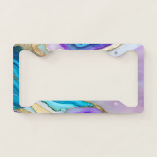 Cool Girly Violet Blue Gold Marble License Plate Frame