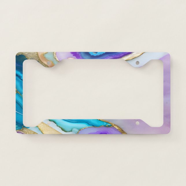 Cool Girly Violet Blue Gold Marble License Plate Frame (Front)