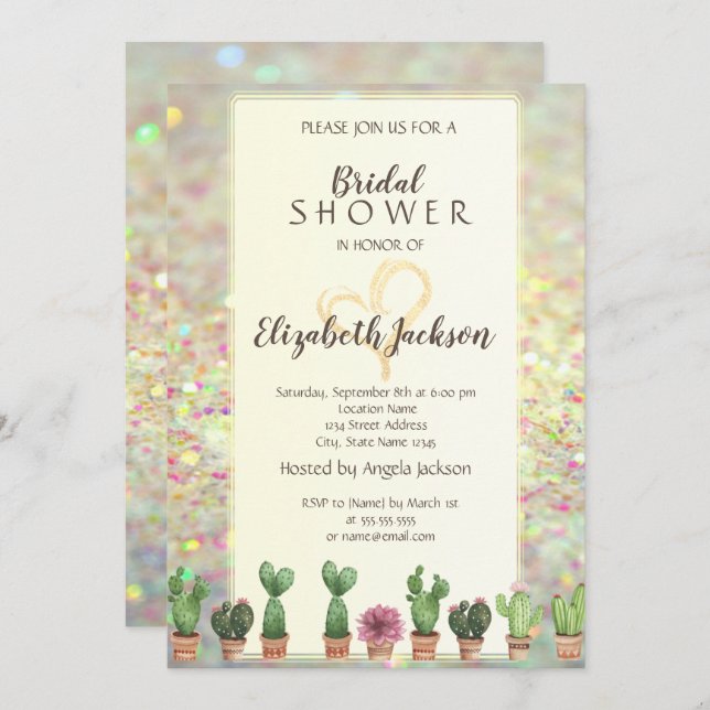 Cool Glitter Bokeh Cactus  Bridal Shower Invitation (Front/Back)