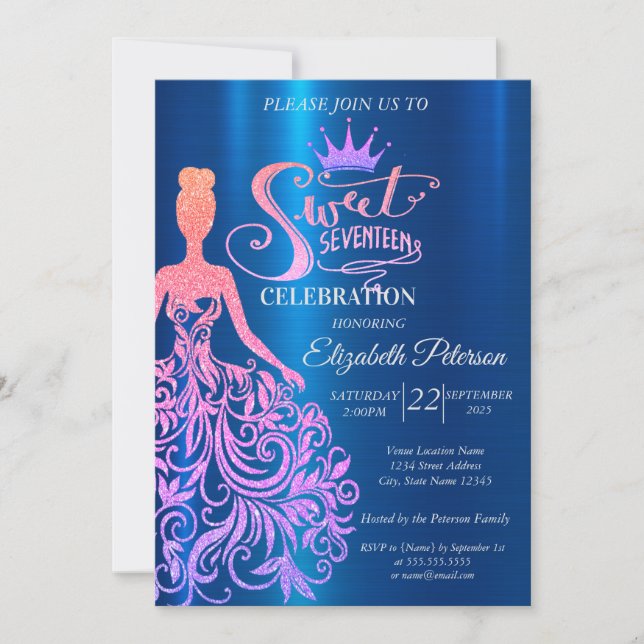 Cool Glitter Bokeh,Dress,Tiara,Blue Sweet 17   Invitation (Front)