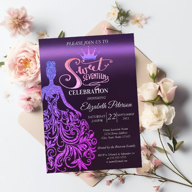 Cool Glitter Bokeh,Dress,Tiara,Purple Sweet 17   Invitation (Creator Uploaded)