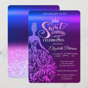 Cool Glitter Dress,Tiara,Purple Ombre Sweet 17 Invitation