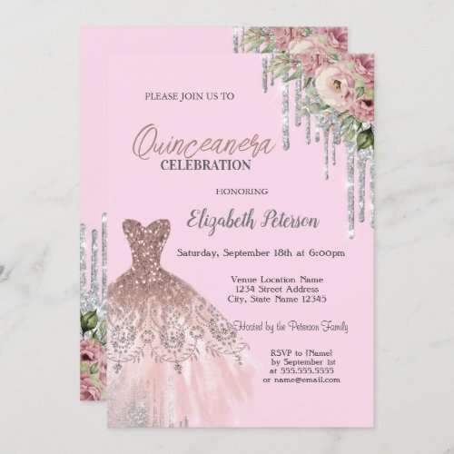 Cool Glitter DripsDress Floral Pink Quinceanera  Invitation