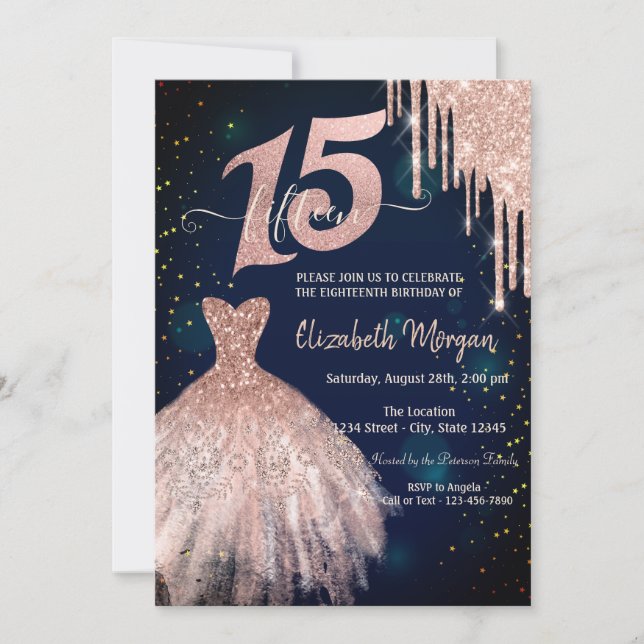 Cool Glitter Drips Dress Navy Blue 15th Birthday Invitation (Front)
