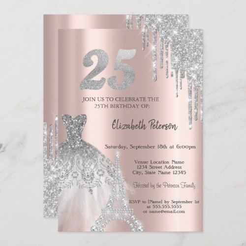 Cool Glitter Drips Eiffel Tower Dress 25th Invitation