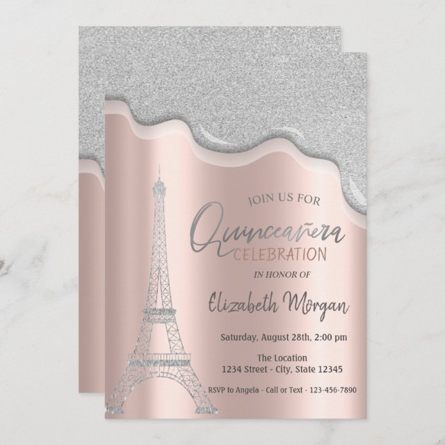 Cool Glitter Drips,Eiffel Tower Quinceañera Invitation (Front/Back)