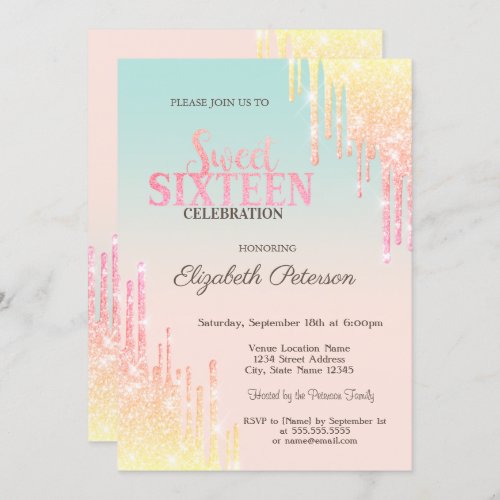 Cool Glitter Drips Ombre Sweet 16   Invitation