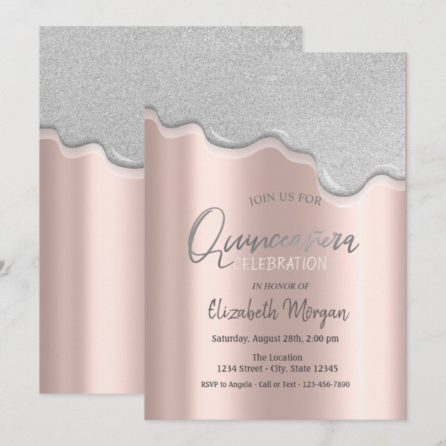 Cool Glitter Drips Rose Gold Quinceañera Invitation (Front/Back)