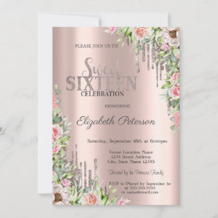 Cool Glitter Drips Rose Gold Roses Sweet 16 Invitation