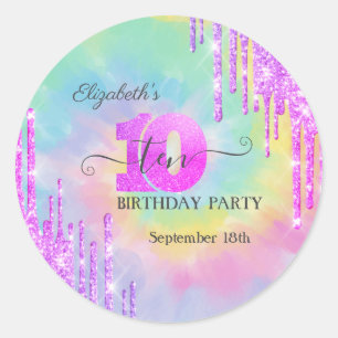 Cool Glitter Drips Tie Dye 10th Birthday Classic Round Sticker