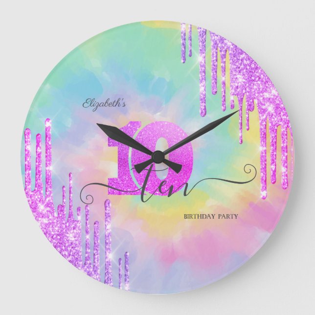 Cool Glitter Drips Tie Dye 10th Birthday    Large Clock (Front)