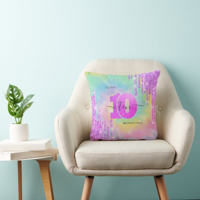 Cool Glitter Drips Tie Dye 10th Birthday   Throw Pillow (Chair)