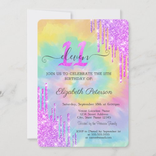 Cool Glitter Drips Tie Dye 11th Birthday  Invitation