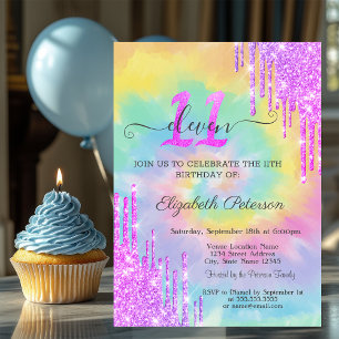 Cool Glitter Drips Tie Dye 11th Birthday Invitation