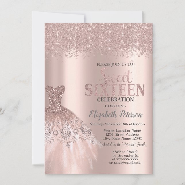 Cool Glitter Dust,Dress Rose Gold Sweet 16 Invitation (Front)
