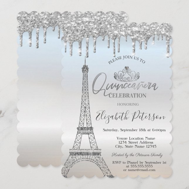 Cool Glitter Eiffel Tower,Drips Silver Quinceañera Invitation (Front/Back)