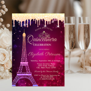 Cool Glitter Eiffel Tower Tiara Drips Quinceañera Invitation