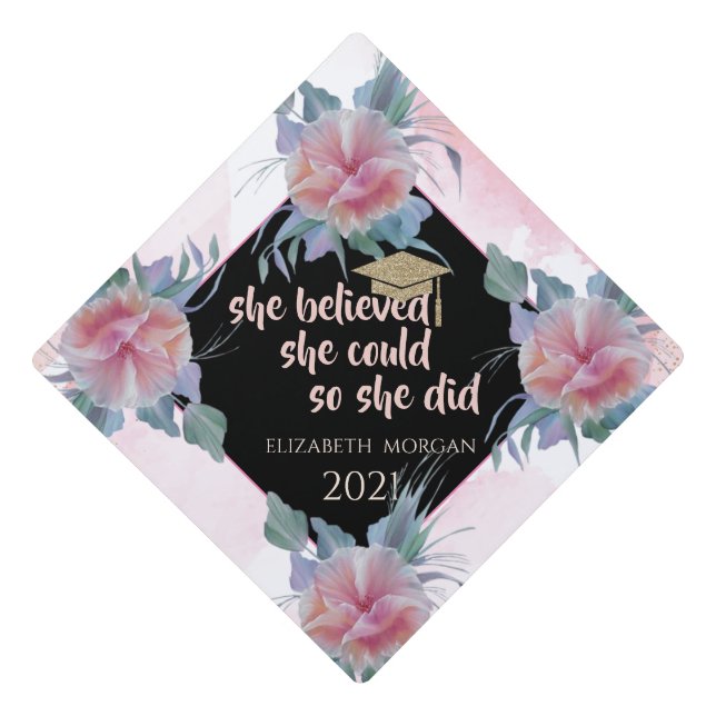 Cool Glitter Gold Graduate Cap, Floral Graduation Cap Topper (Front)