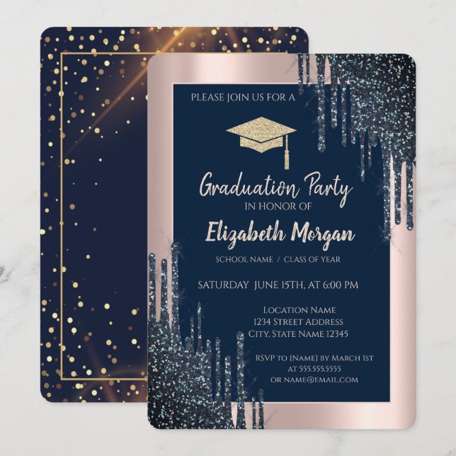 Cool Glitter Gradu Cap,Rose Gold Drips,Navy Blue Invitation (Front/Back)