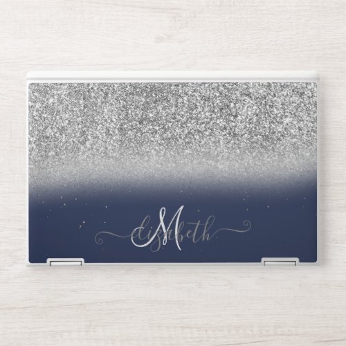 Cool Glitter Ombre Silver Monogram Navy Blue HP Laptop Skin