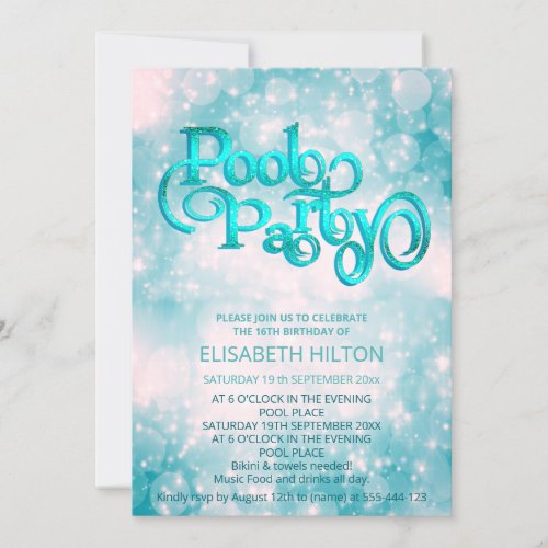 Cool glitter script pool party birthday  invitation