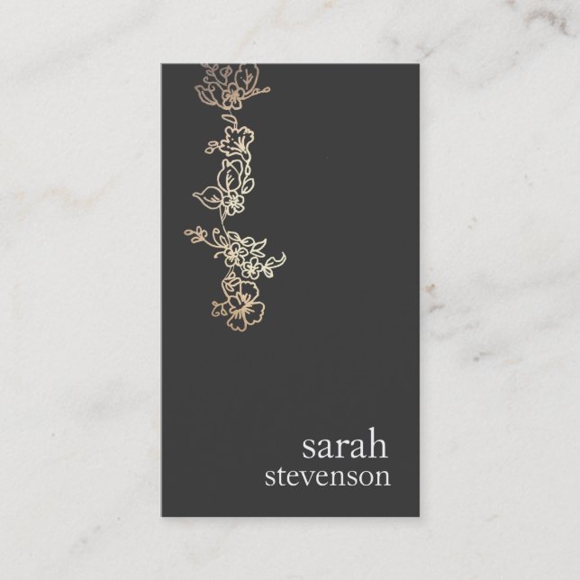Cool Gold and Black Hand Drawn Floral Vine Business Card (Front)