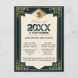 Cool Gold Art Deco 5 Year High School Reunion Postcard