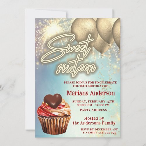 Cool gold balloon  sparkle firework cupcake invitation