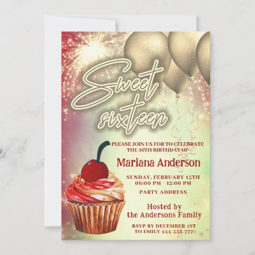 Cool gold balloon  sparkle firework cupcake invitation